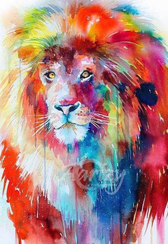 Colorful abstract painting of a lion's face
