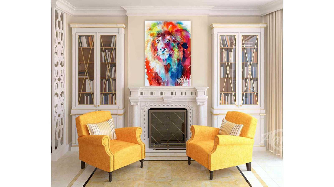 Living room with two yellow armchairs and a colorful lion painting above a fireplace.
