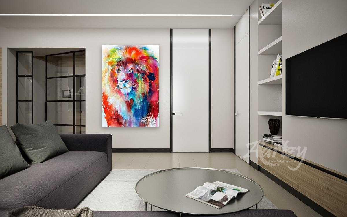 Living room with a colorful lion painting on the wall, gray sofa, and round coffee table.